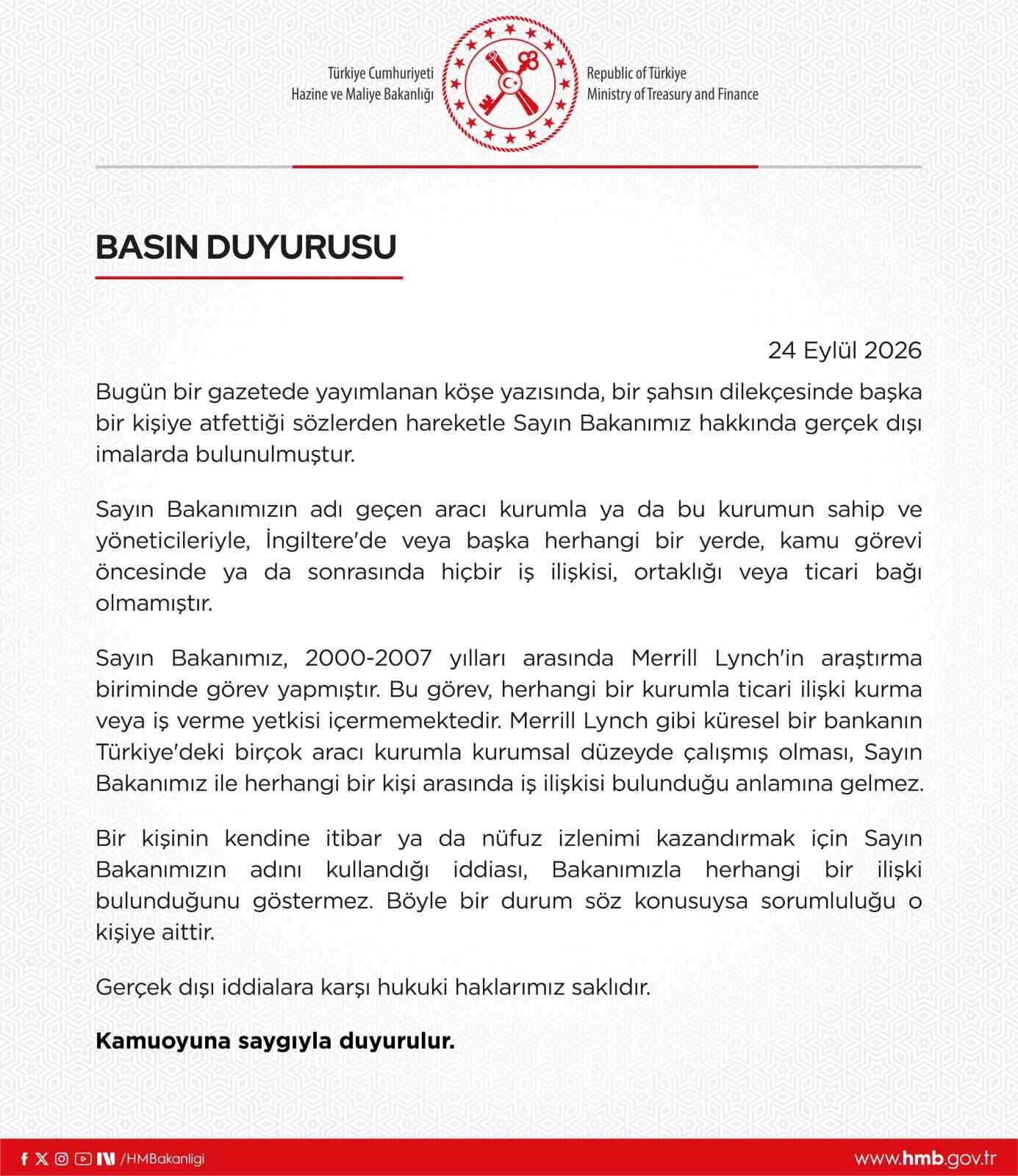 Hazine ve Maliye Bakanlığından Bakan Şimşek hakkındaki iddialara yalanlama