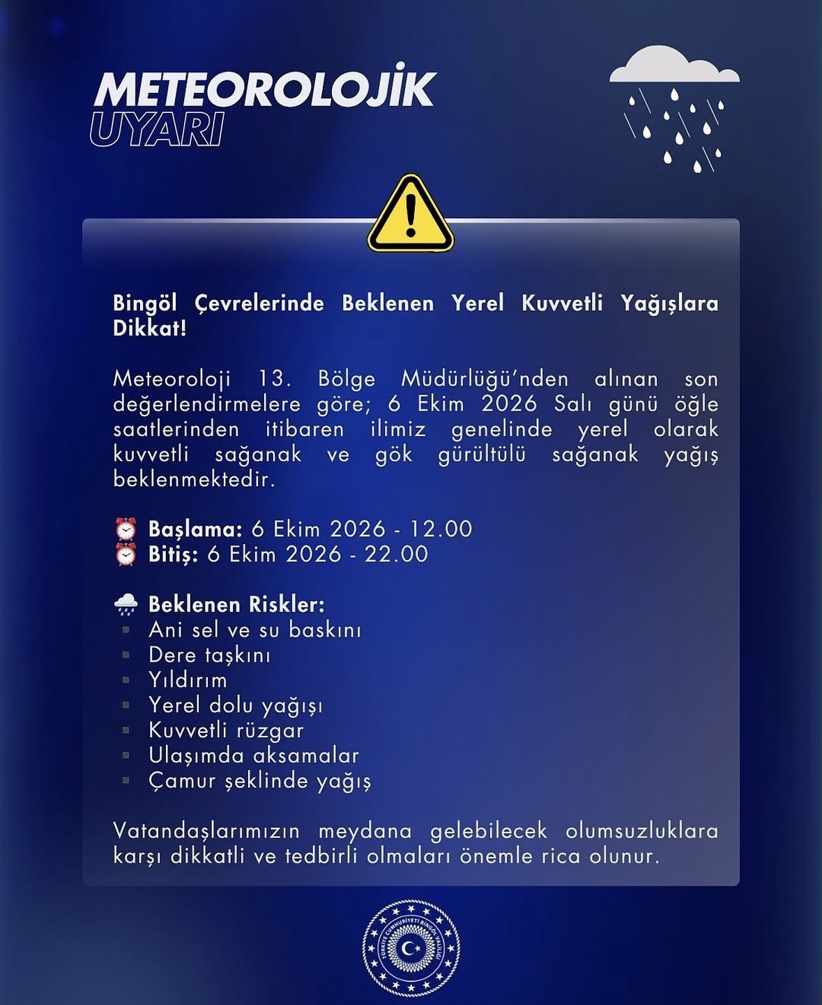 Bingöl için kuvvetli yağış uyarısı