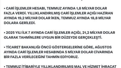 ANKARA, – TİCARET Bakanı Ömer Bolat, “Ağustos ayında cari işlemler