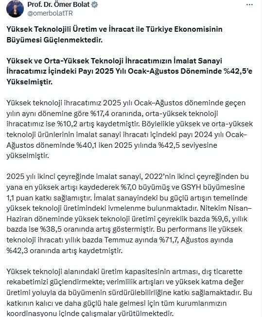 ANKARA, – TİCARET Bakanı Ömer Bolat, 2025 yılı Ocak-Ağustos döneminde