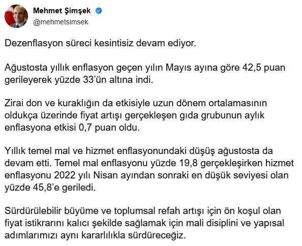 ANKARA, – HAZİNE ve Maliye Bakanı Mehmet Şimşek, enflasyon oranlarına