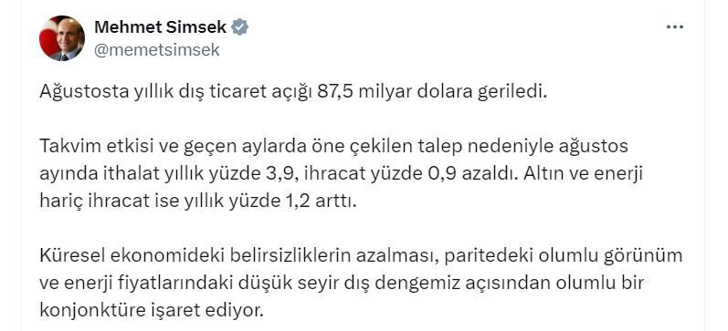 ANKARA, – HAZİNE ve Maliye Bakanı Mehmet Şimşek, ağustos ayı