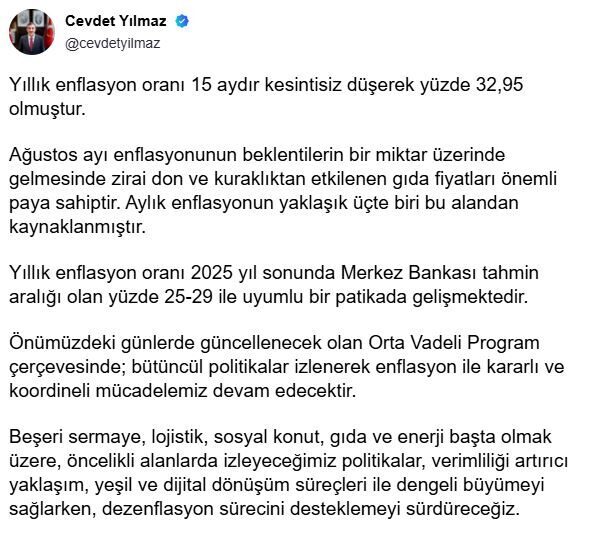 ANKARA, – CUMHURBAŞKANI Yardımcısı Cevdet Yılmaz, “Yıllık enflasyon oranı 2025