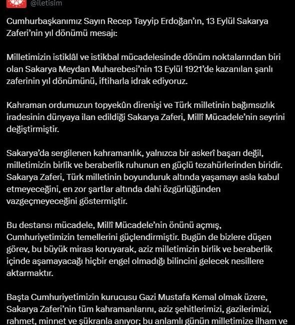 ANKARA, – CUMHURBAŞKANI Recep Tayyip Erdoğan, 13 Eylül Sakarya Zaferi’nin