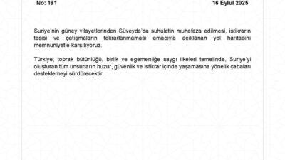 ANKARA, – DIŞİŞLERİ Bakanlığı, “Suriye’nin güney vilayetlerinden Süveyda’da suhuletin muhafaza
