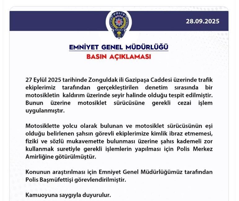 ANKARA, – EMNİYET Genel Müdürlüğü (EGM), Zonguldak’ta kaldırım üzerinde seyir