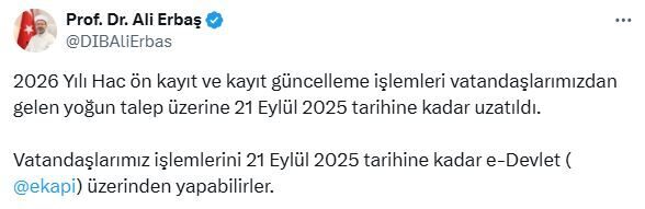 ANKARA, – DİYANET İşleri Başkanı Ali Erbaş, 2026 hac ön