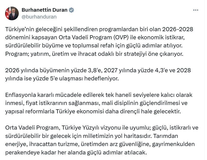 ANKARA, – İLETİŞİM Başkanı Burhanettin Duran, “Orta Vadeli Program (OVP),