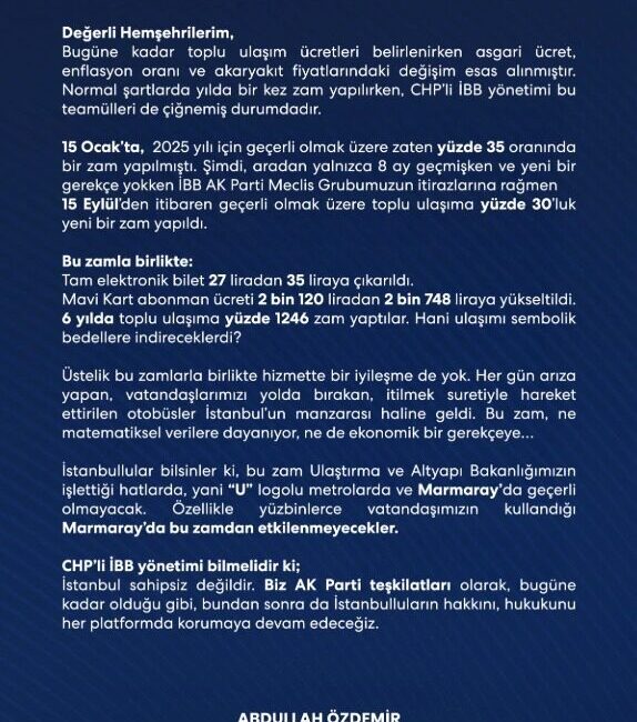 İSTANBUL, – AK Parti İl Başkanı Abdullah Özdemir, NSosyal hesabından