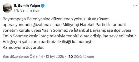 ‘PARTİMİZLE İLİŞİKLERİ KALMAMIŞTIR’ MHP Genel Başkan Yardımcısı Semih Yalçın, sosyal