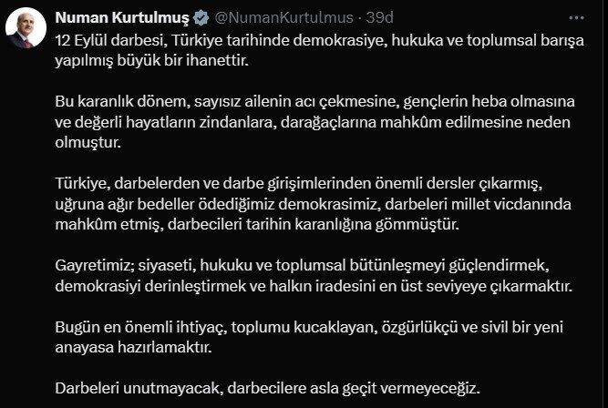 ANKARA, – TBMM Başkanı Numan Kurtulmuş, “12 Eylül darbesi, Türkiye