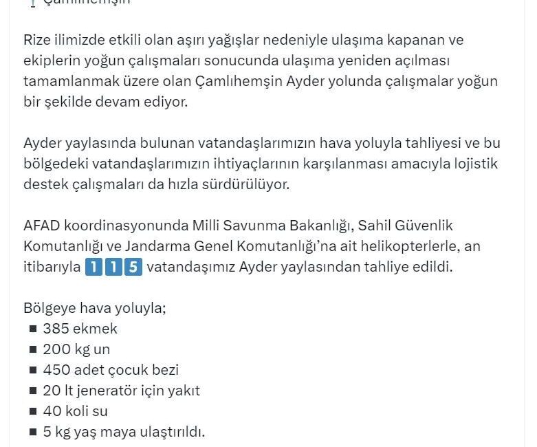 AFAD: 115 VATANDAŞIMIZ AYDER YAYLASINDAN TAHLİYE EDİLDİ AFAD, Rize’deki sel