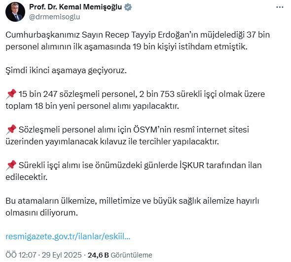 ANKARA, – SAĞLIK Bakanı Kemal Memişoğlu, Sağlık Bakanlığı’na 15 bin
