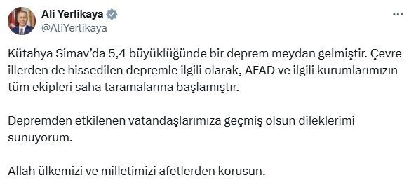BAKAN YERLİKAYA’DAN AÇIKLAMA İçişleri Bakanı Ali Yerlikaya, Kütahya’da meydana gelen