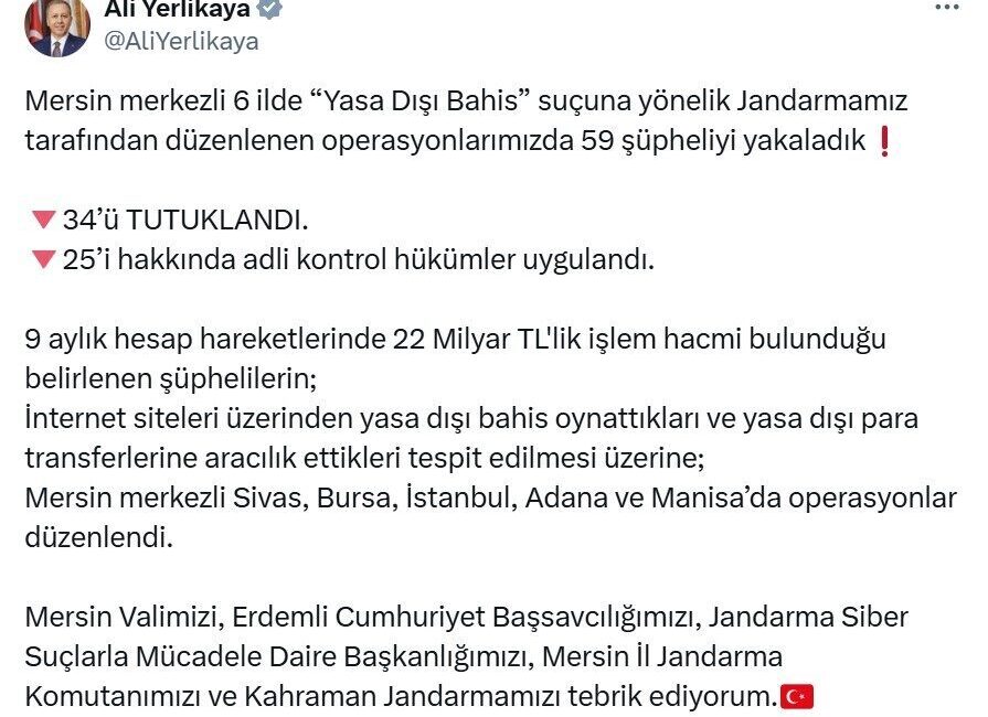 Umutcan ÖREN/ANKARA, – İÇİŞLERİ Bakanı Ali Yerlikaya, Mersin merkezli 6