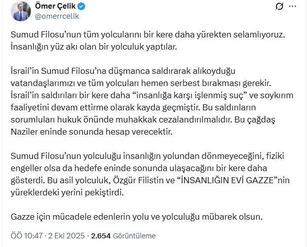 AK Parti’li Çelik: İsrail’in vatandaşlarımızı hemen serbest bırakması gerekir ANKARA, – AK Parti Sözcüsü Ömer Çelik, “İsrail’in Sumud Filosu’na