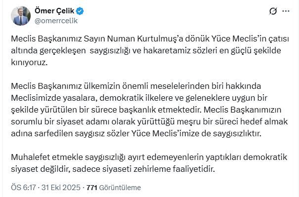 AK Parti’li Çelik: Meclis Başkanımıza dönük saygısızlığı kınıyoruz ANKARA, – AK Parti Genel Başkan Yardımcısı ve Parti Sözcüsü