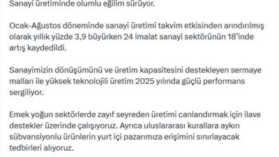 ANKARA, – HAZİNE ve Maliye Bakanı Mehmet Şimşek, “Sanayi üretiminde