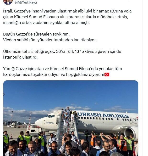 Bakan Yerlikaya: Yüreği Gazze için atan kardeşlerimize hoş geldiniz diyorum ANKARA, – İÇİŞLERİ Bakanı Ali Yerlikaya, “Bugün Gazze’de süregelen soykırım,