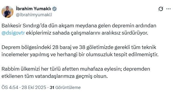 Bakan Yumaklı: Deprem bölgesindeki 28 baraj ve 38 göletimizde olumsuzluk tespit edilmedi ANKARA, – TARIM ve Orman Bakanı İbrahim Yumaklı, Balıkesir’in Sındırgı