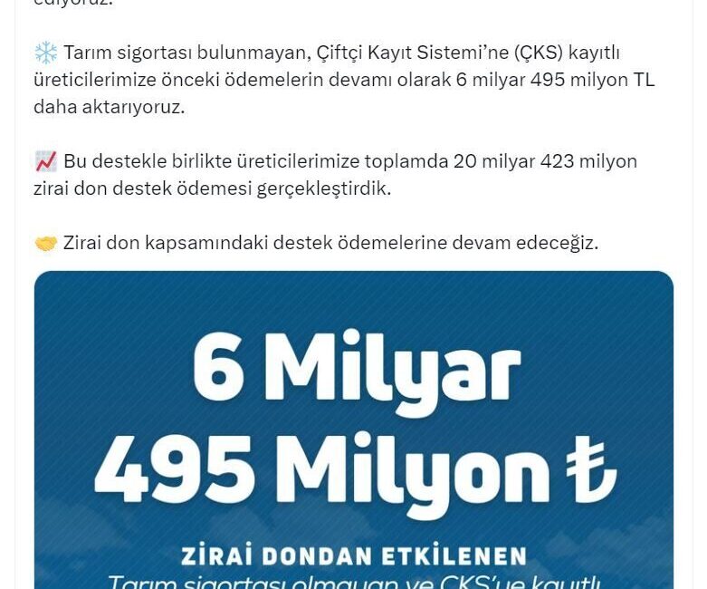 Bakanlıktan üreticilere 20 milyar 423 milyon lira zirai don desteği ANKARA, – TARIM ve Orman Bakanı İbrahim Yumaklı, zirai dondan