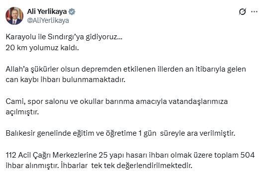 Balıkesir Sındırgı’da 6.1 büyüklüğünde deprem (14) BAKAN YERLİKAYA: 25’İ YAPI HASARI 504 İHBAR ALINDI Depremin ardından