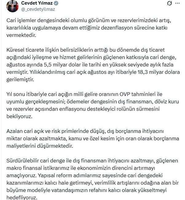 ANKARA, – CUMHURBAŞKANI Yardımcısı Cevdet Yılmaz, “Cari işlemler dengesindeki olumlu