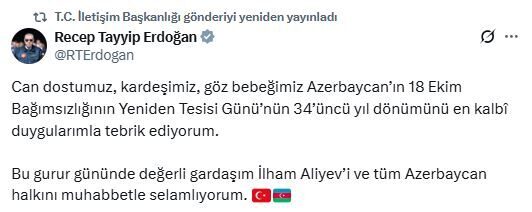 ANKARA, – CUMHURBAŞKANI Recep Tayyip Erdoğan, Azerbaycan’ın yeniden bağımsızlığını kazanmasının