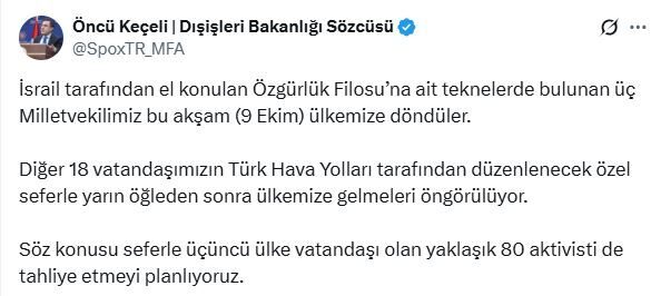 ANKARA, – DIŞİŞLERİ Bakanlığı Sözcüsü Öncü Keçeli, “İsrail’de bulunan diğer