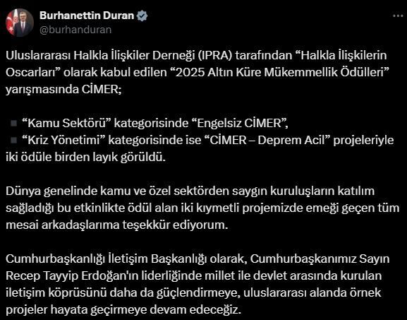 ANKARA, – İLETİŞİM Başkanı Burhanettin Duran, Cumhurbaşkanlığı İletişim Merkezi’nin (CİMER),