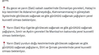 ANKARA, – İÇİŞLERİ Bakanlığı, Meteoroloji Genel Müdürlüğü’nden (MGM) alınan bilgiye