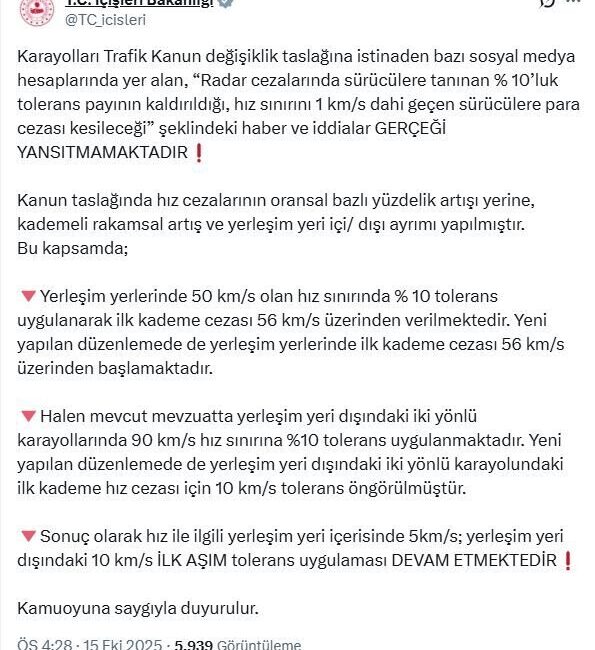ANKARA, – İÇİŞLERİ Bakanlığı’ndan yapılan açıklamada, Karayolları Trafik Kanunu’nda değişiklik