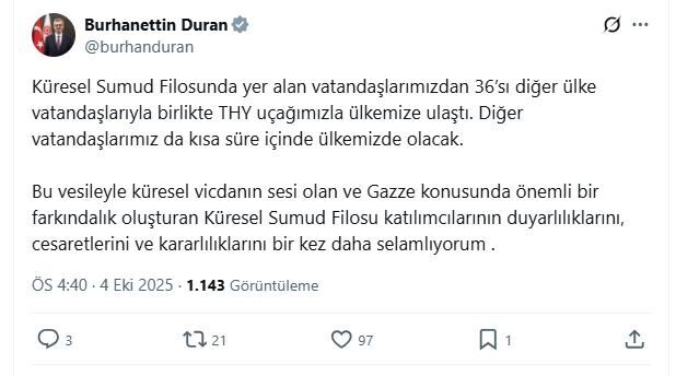 İletişim Başkanı Duran: Sumud Filosu katılımcılarını selamlıyorum ANKARA, – İLETİŞİM Başkanı Burhanettin Duran, “Küresel Sumud Filosu katılımcılarının