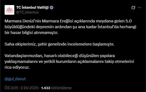 İSTANBUL, – TEKİRDAĞ’ın Marmaraereğlisi ilçesinin açıklarında saat 14.55’te meydana gelen
