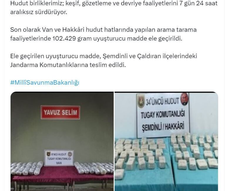 MSB: Van ve Hakkari’de 102 kilo uyuşturucu ele geçirildi ANKARA, – MİLLİ Savunma Bakanlığı (MSB), Van ve Hakkari hudut