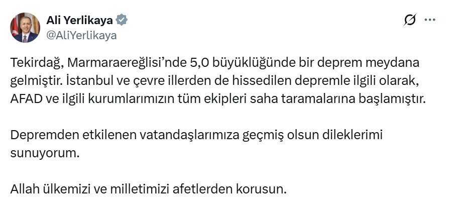 BAKAN YERLİKAYA’DAN AÇIKLAMA İçişleri Bakanı Ali Yerlikaya, sosyal medya hesabından
