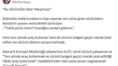 ANKARA, – İÇİŞLERİ Bakanı Ali Yerlikaya, Adana’da ters yönde araç