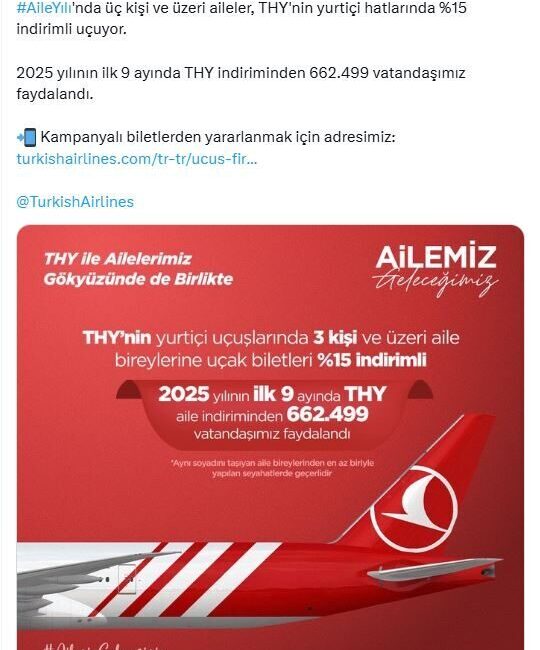 THY’nin ‘Aile Yılı’ indiriminden 662 bin 499 kişi faydalandı ANKARA, – AİLE ve Sosyal Hizmetler Bakanlığı, Türk Hava Yollarının