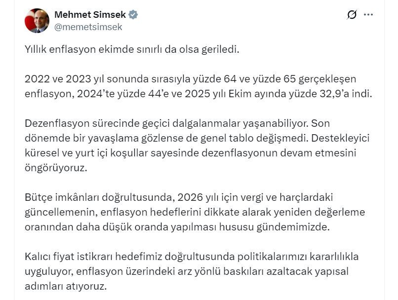 ANKARA, – HAZİNE ve Maliye Bakanı Mehmet Şimşek, ekim ayı