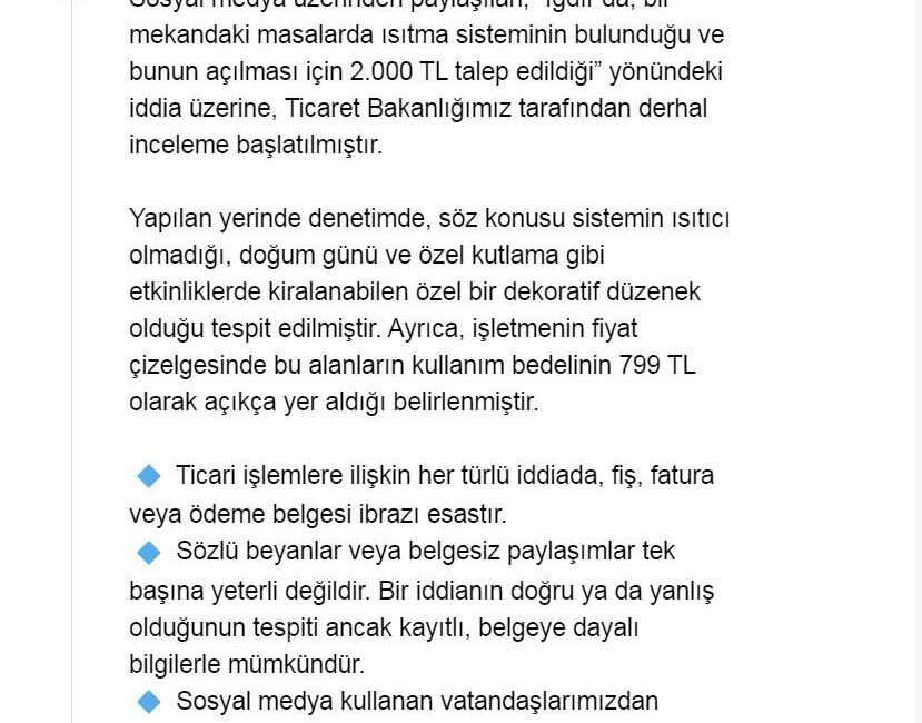ANKARA, – TİCARET Bakanlığı’nın ‘Iğdır’da, bir mekandaki masalarda ısıtma sisteminin