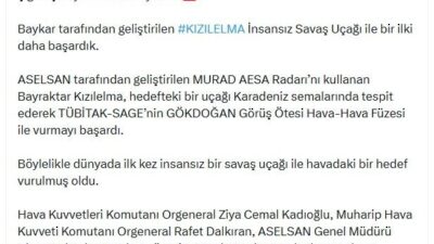 MSB: KIZILELMA İNSANSIZ SAVAŞ UÇAĞI İLE BİR İLKİ DAHA BAŞARDIK