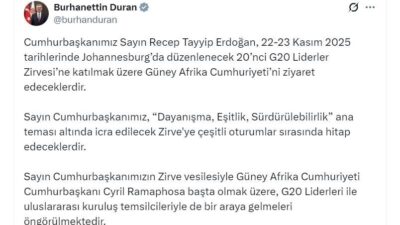 ANKARA, – CUMHURBAŞKANI Recep Tayyip Erdoğan, 22-23 Kasım’da Johannesburg’da düzenlenecek