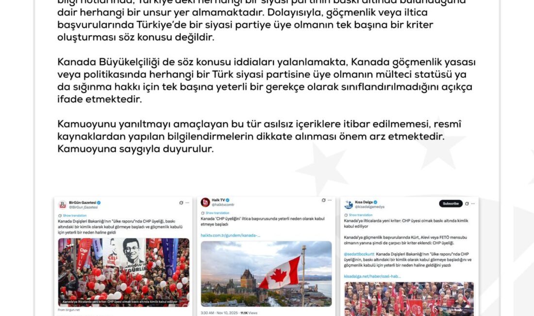 ANKARA, – DEZENFORMASYONLA Mücadele Merkezi (DMM), ‘Kanada’nın, CHP üyeliğini göçmenlik