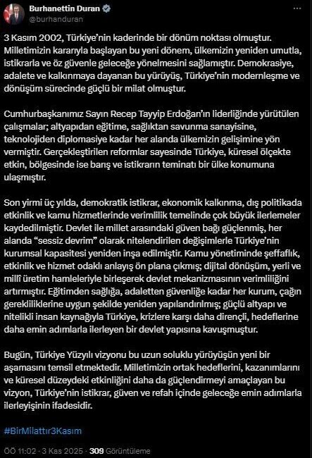 ANKARA, – İLETİŞİM Başkanı Burhanettin Duran, AK Parti’nin 3 Kasım