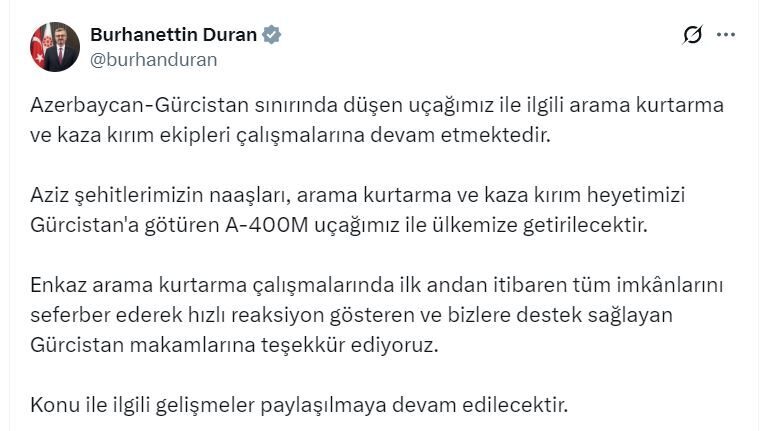 ‘ŞEHİTLERİMİZİN NAAŞLARI, A-400M UÇAĞIMIZ İLE ÜLKEMİZE GETİRİLECEK’ İletişim Başkanı Burhanettin