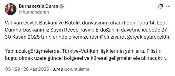 ANKARA, – İLETİŞİM Başkanı Burhanettin Duran, Vatikan Devlet Başkanı ve