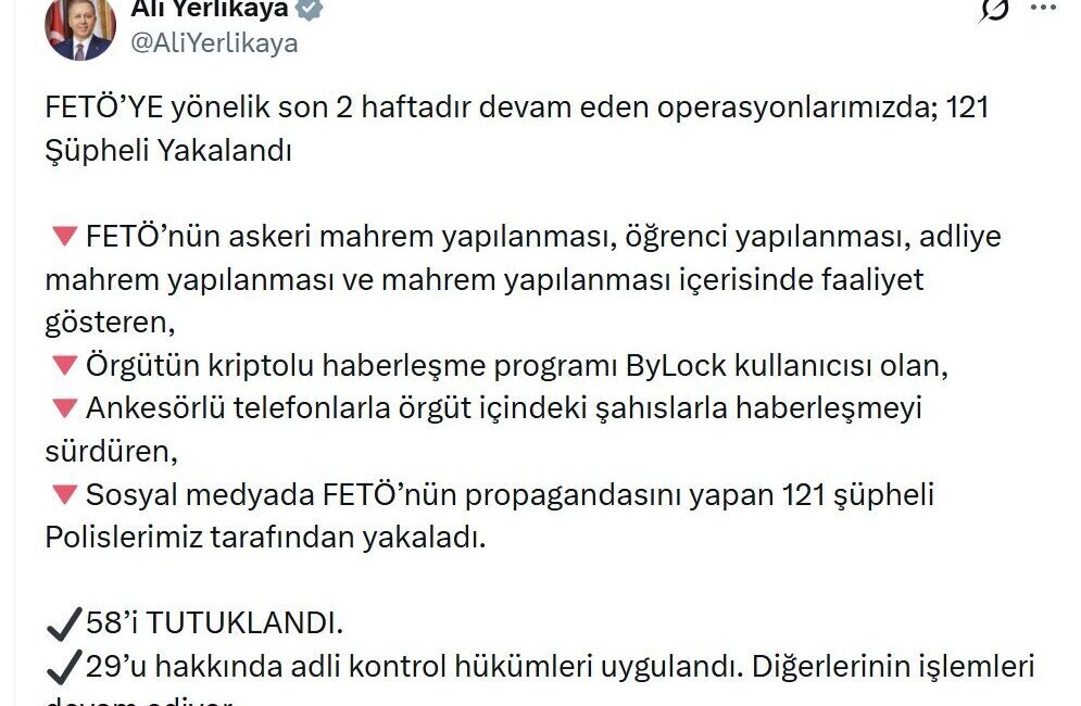 Umutcan ÖREN/ANKARA, – İÇİŞLERİ Bakanı Ali Yerlikaya, 37 ilde FETÖ’nün