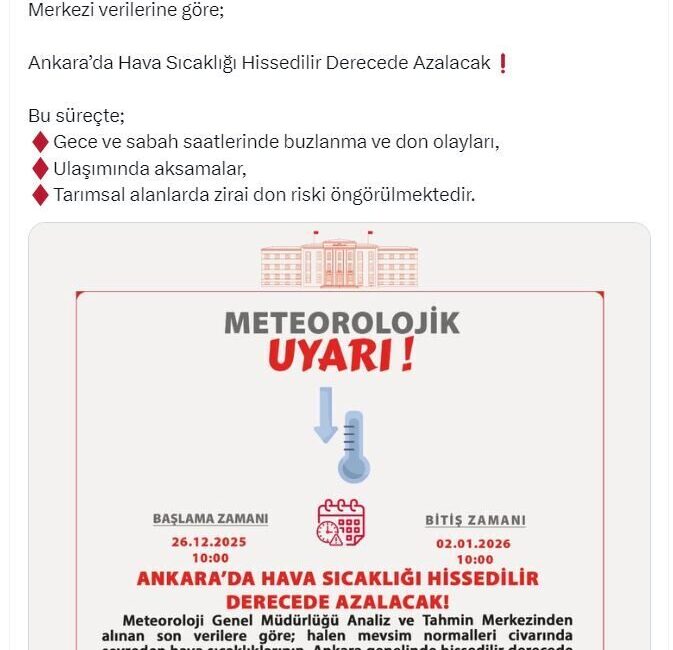 ANKARA, – ANKARA Valiliği, 26 Aralık’tan itibaren kentte hava sıcaklığının