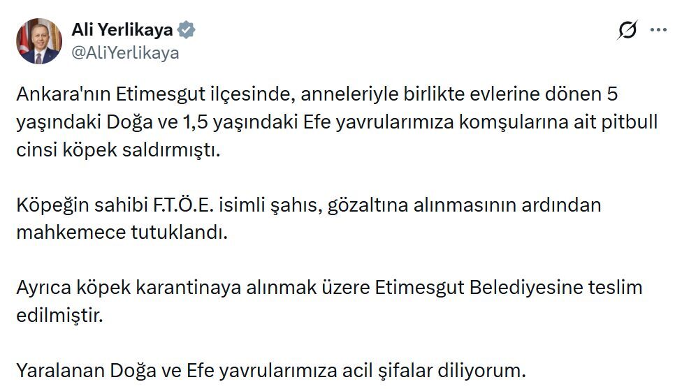 BAKAN YERLİKAYA’DAN AÇIKLAMA İçişleri Bakanı Ali Yerlikaya da olaya ilişkin