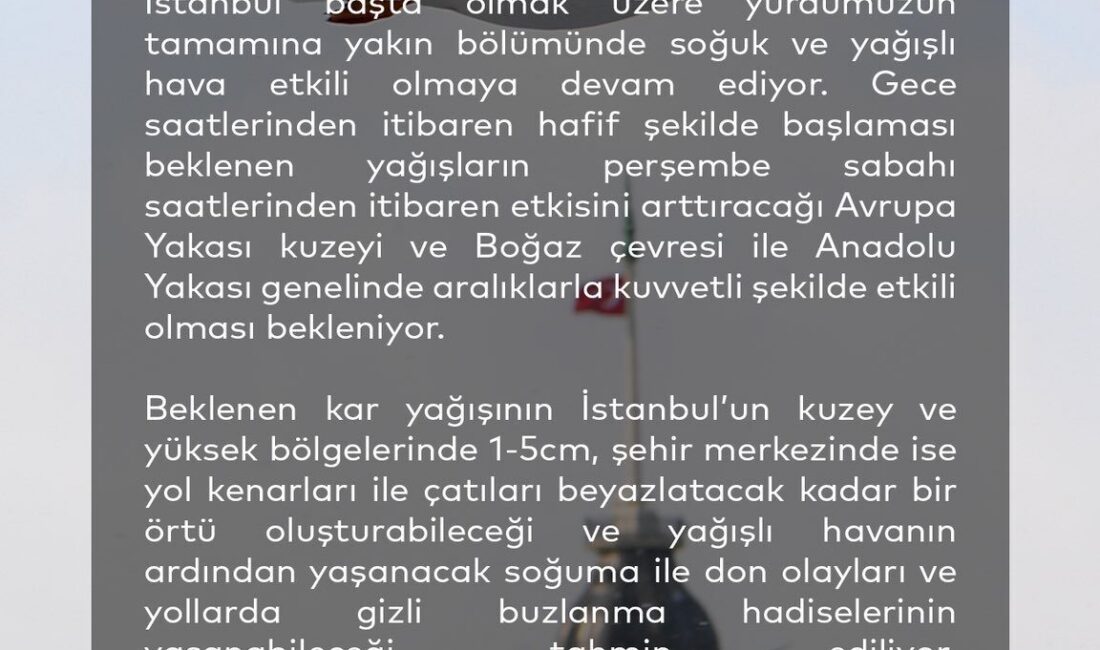 İSTANBUL, – İSTANBUL Büyükşehir Belediyesi (İBB) AKOM tarafından İstanbul için